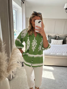 LILY GREEN PRINTED BUTTON FRONT BLOUSE