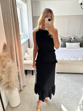 Load image into Gallery viewer, JULES TEXTURED RUFFLE HEM BLACK MIDI DRESS