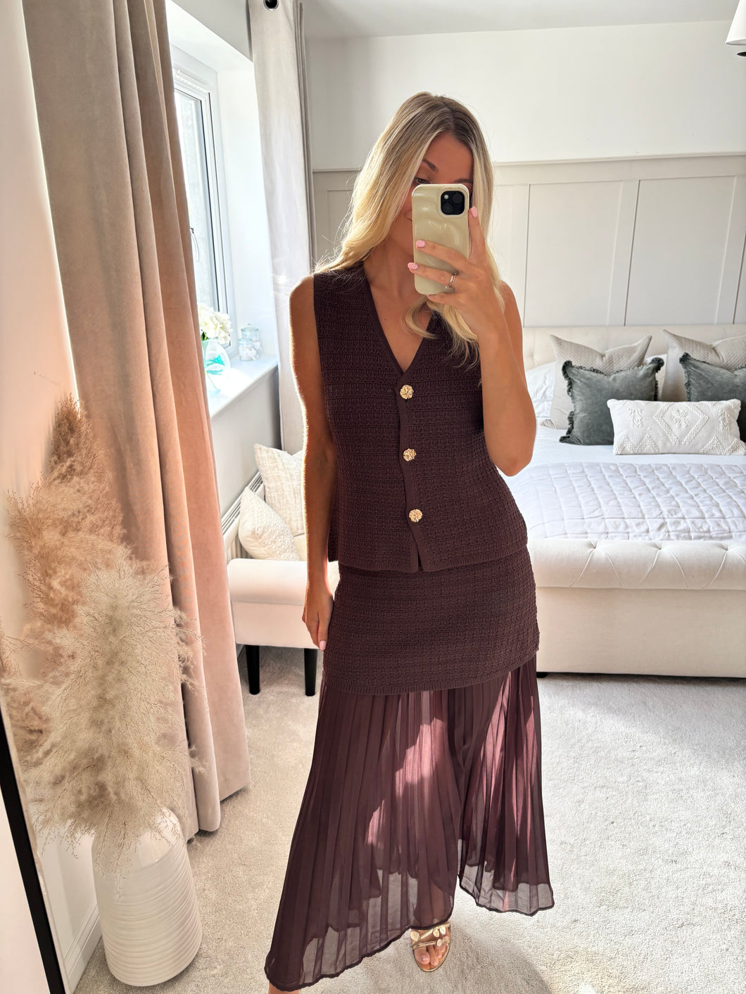 LUNA BROWN TEXTURED SKIRT WAISTCOAT TWO PIECE