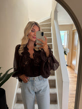 Load image into Gallery viewer, EDITH BROWN LACE TRIM SHEER BATWING BLOUSE