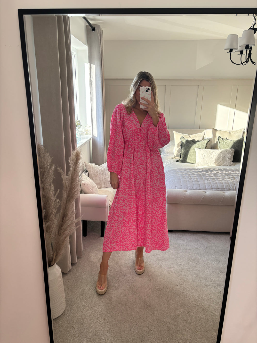 RAE PINK LEOPARD V NECK STRIPE CHEESECLOTH DRESS