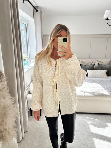 EVA BEIGE BOUCLE TIE FRONT CARDIGAN