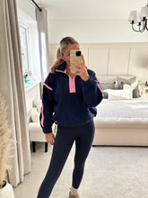 Load image into Gallery viewer, MEL NAVY CONTRAST BINDING ZIP FRONT FLEECE