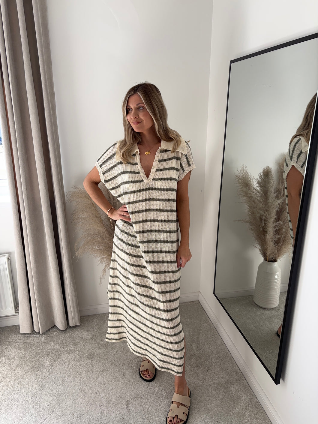 CALLIE KHAKI KNIT STRIPE DRESS