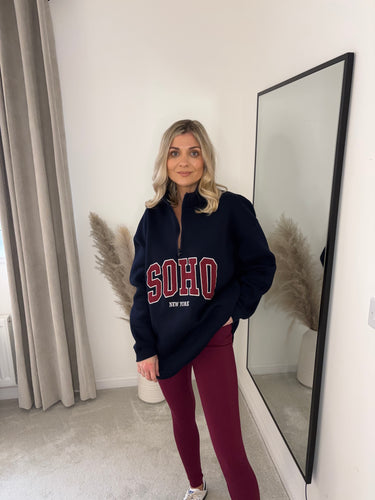 SOHO NAVY SLOGAN HALF ZIP SWEATSHIRT