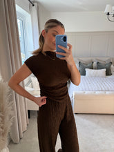 Load image into Gallery viewer, ISLA BROWN TEXTURED RUCHED SIDE TOP AND TROUSER SET