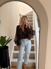 Load image into Gallery viewer, EDITH BROWN LACE TRIM SHEER BATWING BLOUSE