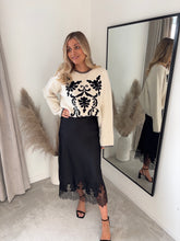 Load image into Gallery viewer, NOVA LACE TRIM BLACK SATIN MIDI SKIRT