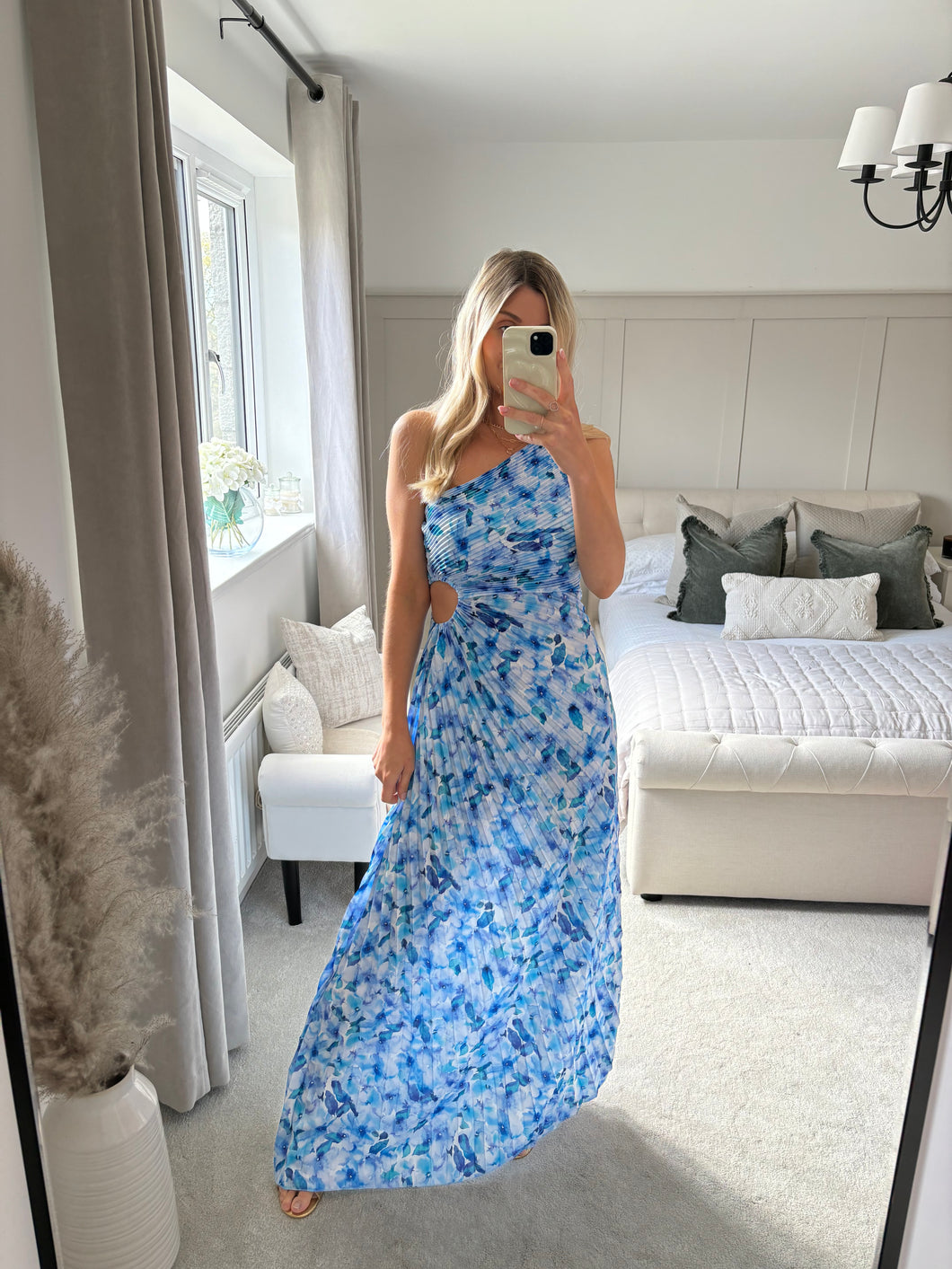 BLEU FLORAL PLISSE ONE SHOULDER DRESS