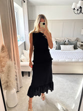 Load image into Gallery viewer, JULES TEXTURED RUFFLE HEM BLACK MIDI DRESS