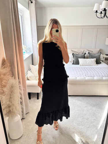 JULES TEXTURED RUFFLE HEM BLACK MIDI DRESS