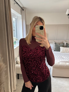 LUCY BURGUNDY SHEER SWEETHEART SEQUIN TOP