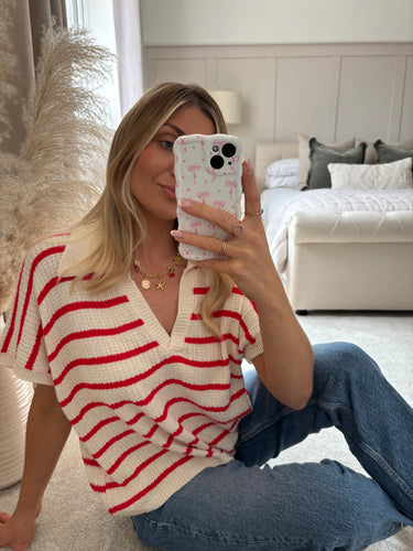 ELLIE RED STRIPE KNIT TOP WITH COLLAR