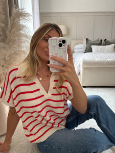 ELLIE RED STRIPE KNIT TOP WITH COLLAR