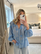 Load image into Gallery viewer, FIFI BLUE FLORAL SHEER BLOUSE