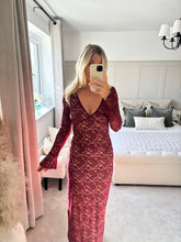 Load image into Gallery viewer, ABBI BURGUNDY FLORAL LACE V NECK MAXI DRESS