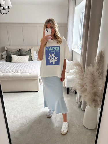 LUCY PALE BLUE SATIN MIDI SKIRT