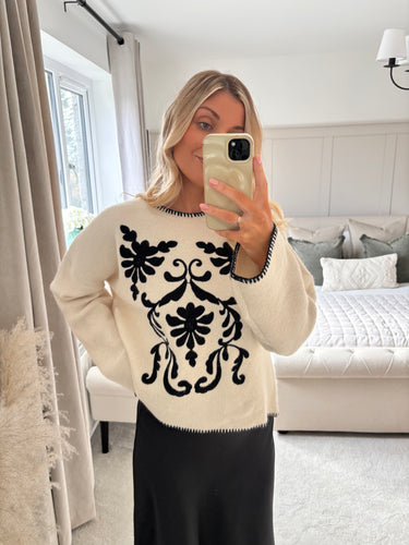 VANESSA CREAM BLACK EMBROIDERED KNIT JUMPER