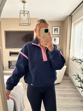 Load image into Gallery viewer, MEL NAVY CONTRAST BINDING ZIP FRONT FLEECE