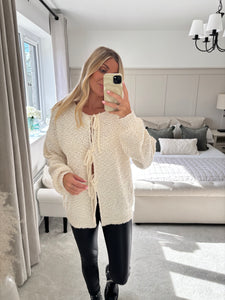 EVA BEIGE BOUCLE TIE FRONT CARDIGAN
