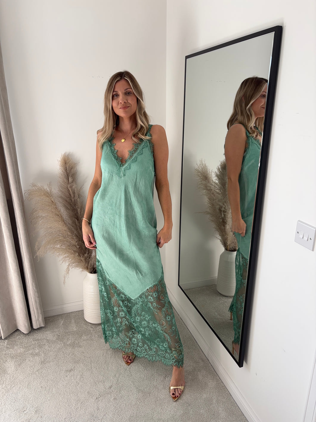LAYLA GREEN SATIN LACE SLIP DRESS