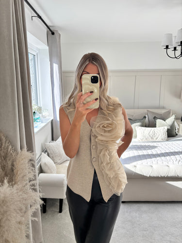 ELLA BEIGE FINE KNIT RUFFLE WAISTCOAT