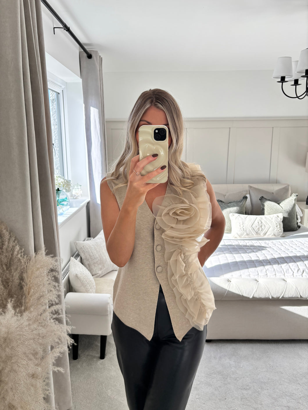 ELLA BEIGE FINE KNIT RUFFLE WAISTCOAT