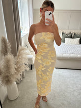 Load image into Gallery viewer, DARCY BUTTER YELLOW FLORAL APPLIQUÉ LINED BANDEAU DRESS