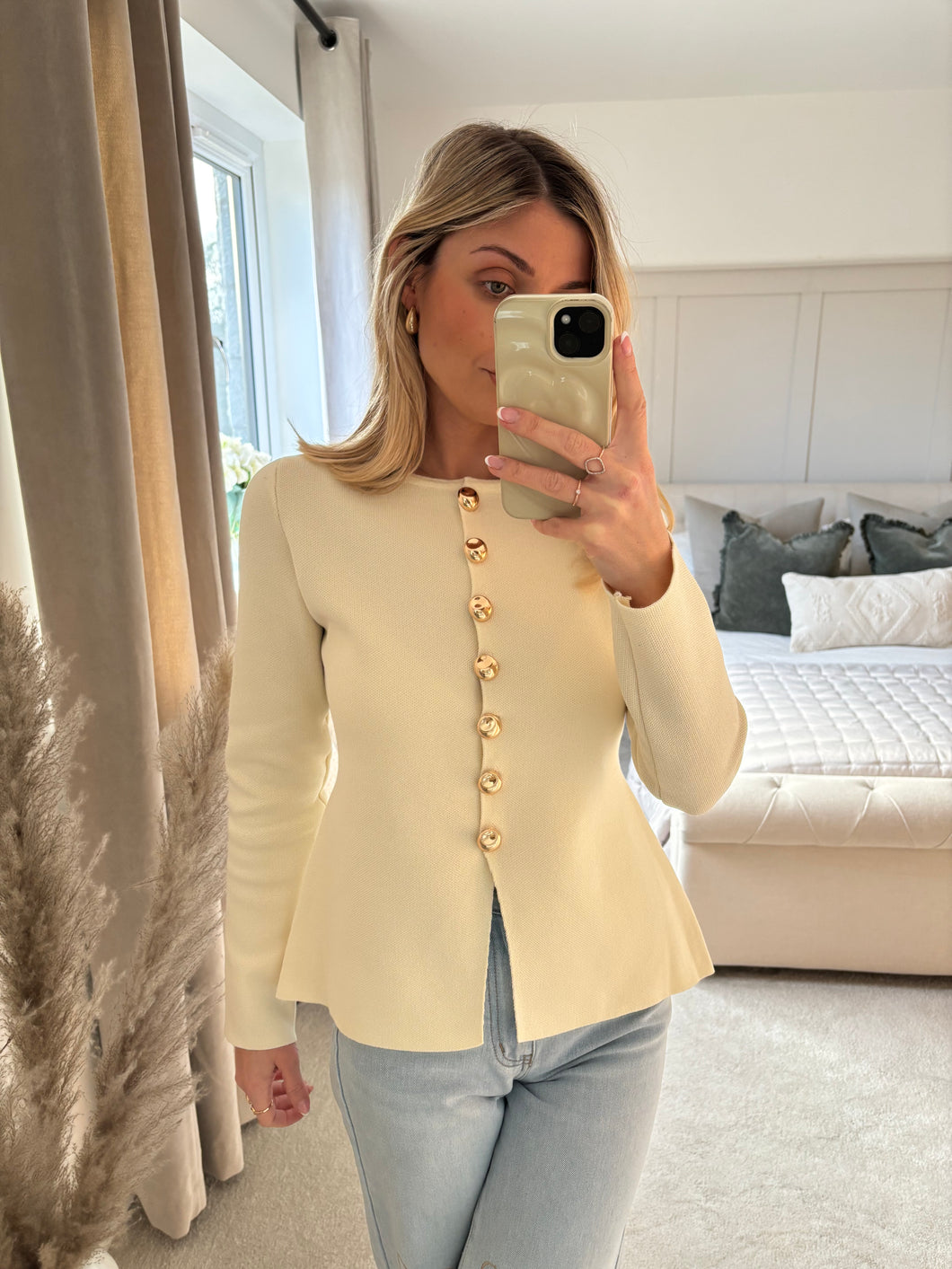 SOPHIE CREAM BUTTON PEPLUM CARDIGAN