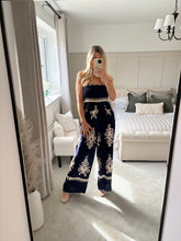 Load image into Gallery viewer, NINA NAVY BANDEAU PRINT JUMPSUIT