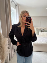 Load image into Gallery viewer, DAISY BLACK SATIN BELTED BLAZER