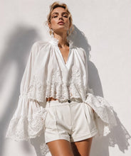 Load image into Gallery viewer, ELLE WHITE BOHO STYLE CROPPED LACE FLARE SLEEVE BLOUSE