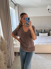 Load image into Gallery viewer, FELICITY TAUPE FRINGE V NECK KNIT TOP