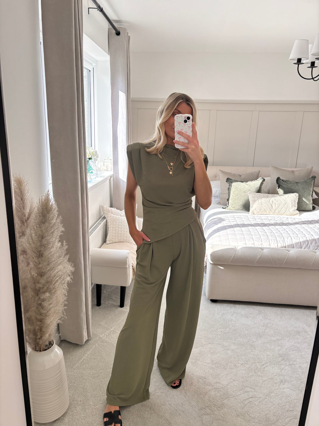 BELLA KHAKI ASYMMETRIC TOP & WIDE LEG TROUSER COORD