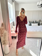 Load image into Gallery viewer, ABBI BURGUNDY FLORAL LACE V NECK MAXI DRESS