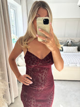 Load image into Gallery viewer, SYBIL BURGUNDY MESH ANIMAL PRINT MIDI DRESS