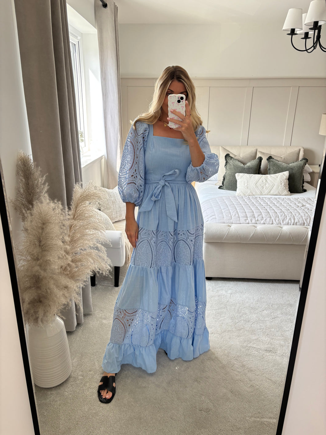 SADIE BLUE GUIPURE LACE TIERED MAXI DRESS