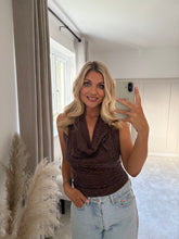 Load image into Gallery viewer, YASMIN BROWN STUD EMBELLISHED DRAPED HALTER NECK TOP