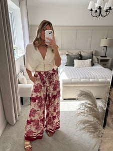 ISLA BURGUNDY SATIN JUNGLE PRINT TROUSERS