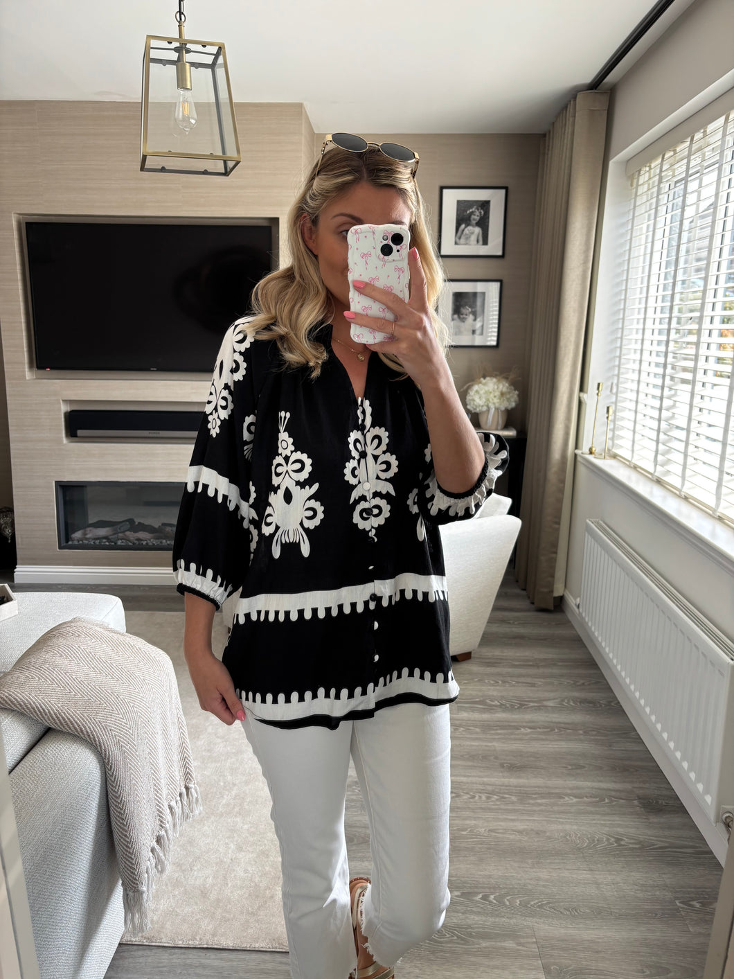 LILY BLACK PRINTED BUTTON FRONT BLOUSE