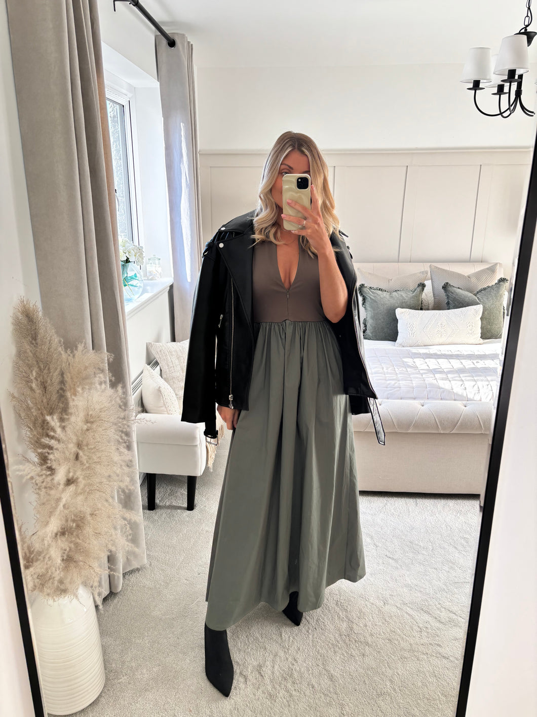 MAISIE KHAKI ZIP FRONT T SHIRT DRESS