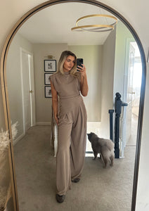 BELLA TAUPE ASYMMETRIC TOP & WIDE LEG TROUSER COORD