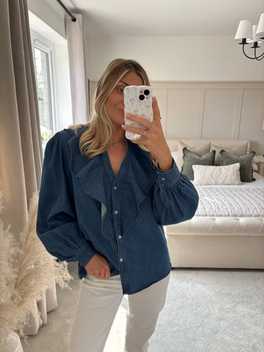 LYDIA DENIM FRILL FRONT BLOUSE