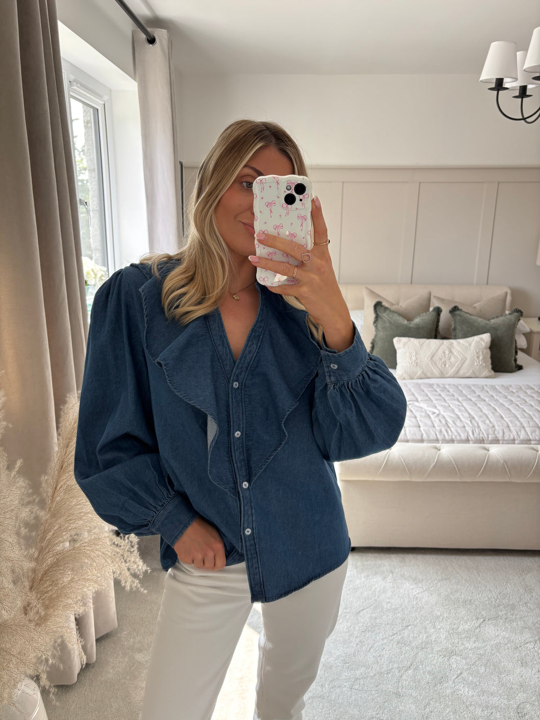 LYDIA DENIM FRILL FRONT BLOUSE