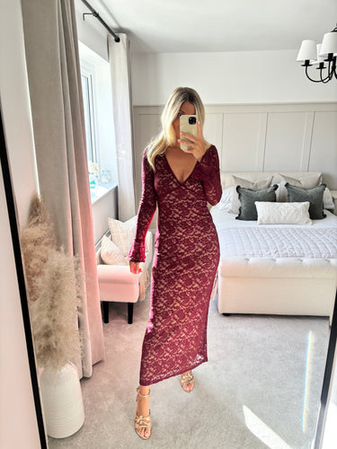 ABBI BURGUNDY FLORAL LACE V NECK MAXI DRESS