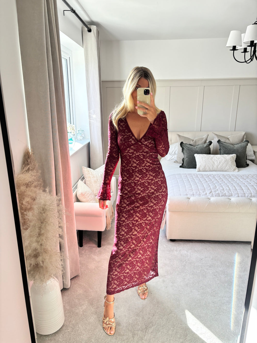 ABBI BURGUNDY FLORAL LACE V NECK MAXI DRESS