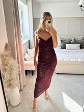 Load image into Gallery viewer, SYBIL BURGUNDY MESH ANIMAL PRINT MIDI DRESS