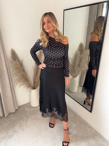 NOVA LACE TRIM BLACK SATIN MIDI SKIRT