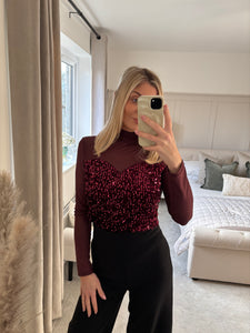 LUCY BURGUNDY SHEER SWEETHEART SEQUIN TOP