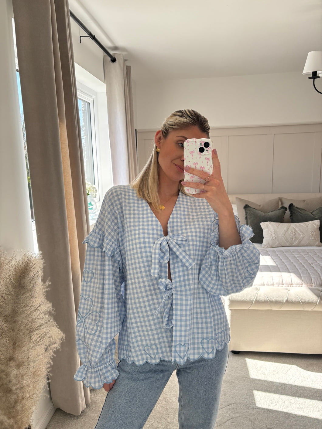 ADA GINGHAM BLUE TIE FRONT BLOUSE